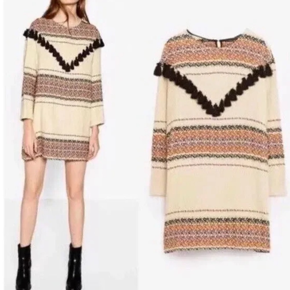 Zara cream black boho tassel woven knit sheath Long sleeve mini dress Size Small